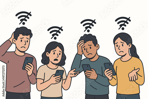 Diverse group of cartoon characters frustrated by no WiFi signal holding smartphones looking confused and annoyed due to poor internet connection issues vector illustration art.