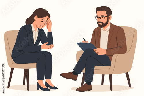 Professional therapy session showing a concerned male psychologist providing support to a troubled female client experiencing stress or anxiety during a mental health consultation vector.