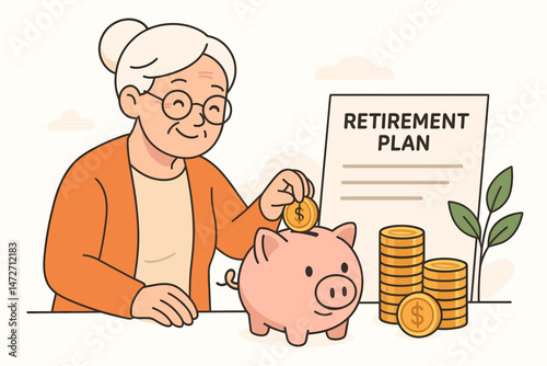Happy senior woman carefully saving coins in a pink piggy bank for her retirement fund, illustrating financial planning, pension investment, and future security. Vector graphic.