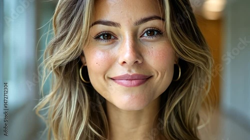 Portrait of a Smiling Woman with Long Brown Hair