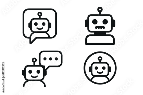 Versatile chatbot robot icon pack featuring outline symbols for artificial intelligence, virtual assistant, tech support, online communication, messaging apps, and website UI elements.