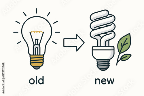 Eco-friendly lighting transition vector illustration depicting the change from an old incandescent light bulb to a new energy-saving fluorescent lamp for sustainability and efficiency concepts.