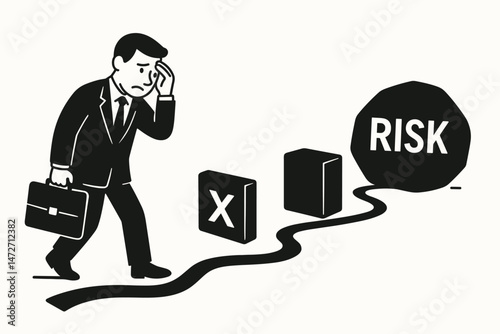 Stressed businessman navigating a difficult path with obstacles, symbolizing the challenges, hurdles, and significant financial or investment risk inherent in business ventures and career progression.