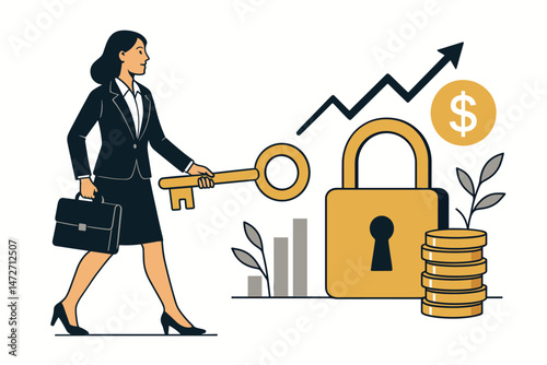 Vector illustration of businesswoman unlocking financial success with golden key and padlock, symbolizing investment opportunities, wealth building strategy, economic growth, and market potential.