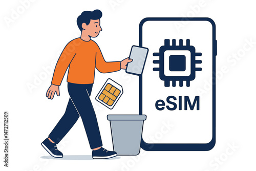 Transition to eSIM technology vector concept illustration showing a man discarding a physical plastic SIM card and adopting embedded SIM on a modern smartphone screen.