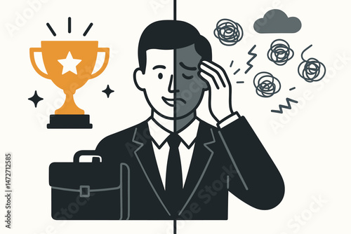 Public Success vs Private Struggle: Vector art showing a businessman's split personality, hiding anxiety, burnout, and mental health challenges behind a successful facade with trophy.