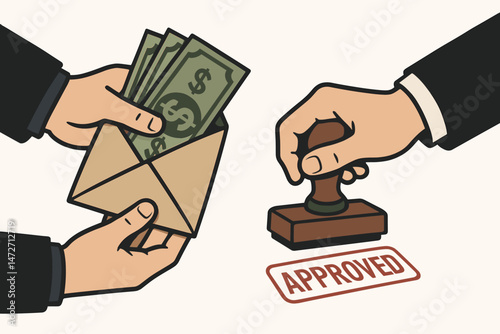 Bribery concept vector: Hand giving cash in an envelope receives an 'Approved' stamp from another hand, illustrating corruption, illicit exchange, and unethical business deals.