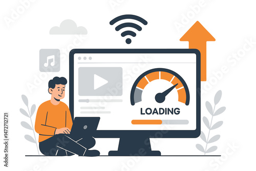 Website loading speed optimization illustration showing user with laptop monitoring fast internet performance via speedometer on desktop computer screen, enhancing connectivity concept.
