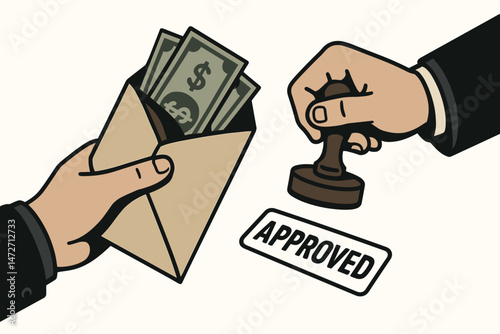 Conceptual vector art depicting hands exchanging an envelope overflowing with dollar bills for an official 'Approved' rubber stamp, representing bribery, illicit deals, or fast loan approval.
