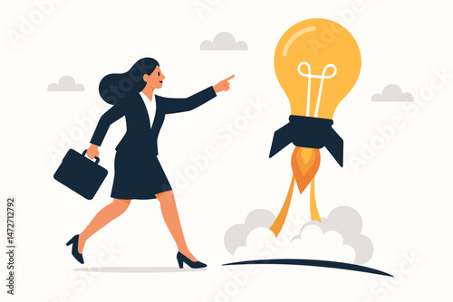 Startup Success Concept: Businesswoman points at launching lightbulb rocket, symbolizing innovation, new ideas, project launch, ambition, and business growth acceleration. Flat vector illustration.