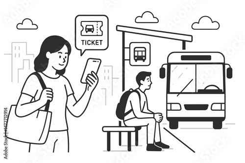 Woman using smartphone app to buy digital ticket at city bus stop, man waits for arriving bus, urban public transportation concept, minimalist vector line art illustration.