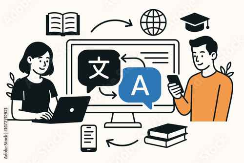 Flat line art vector illustration depicting diverse users engaging with online translation software and apps on desktop and mobile devices for language learning and international communication.
