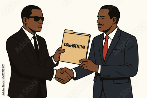 Secret handshake and confidential file exchange between two Black businessmen in suits, vector art representing classified information, corporate espionage, private deal, or secure data transfer.