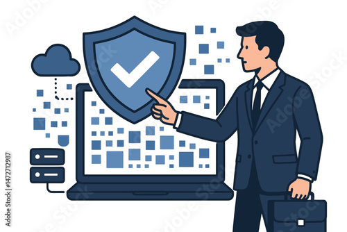 Corporate IT specialist explaining digital security, pointing to a shield symbol on a laptop connected to cloud and server infrastructure for robust data protection and antivirus.