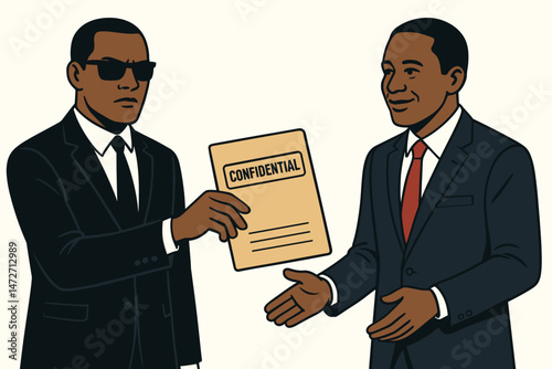 Vector illustration of a serious man in shades passing a confidential manila folder to a smiling professional, symbolizing secret business transactions or classified information handover.