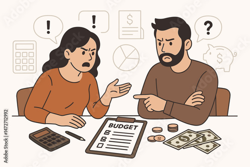 Financial conflict between partners, illustrated man and woman arguing about budget planning and expenses, showing disagreement and stress over money management at home cartoon.