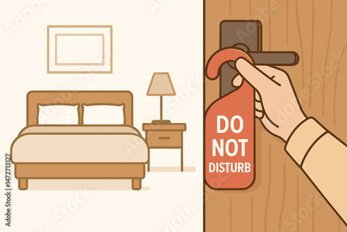 Vector illustration of hand placing a red Do Not Disturb sign on a hotel room door handle, concept for privacy, quiet time, and relaxation during travel or vacation stay.