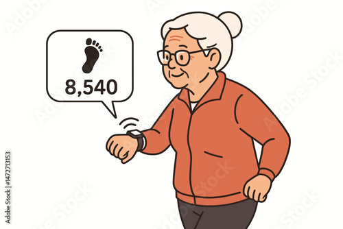 Senior woman monitors daily activity using smartwatch pedometer. Vector illustration of an active grandmother tracking steps for health, fitness, and healthy aging goals.