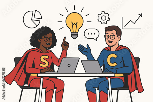 Startup Power Team: Diverse Superhero Co-founders, Man and Woman, Collaborating at Desk with Laptops. Brainstorming Session with Lightbulb, Graph, Gear Icons. Business Vector.