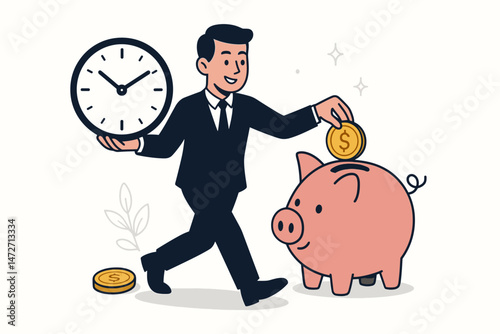 Vector graphic illustrating efficient time management and financial savings concept with businessman holding clock and inserting coin into piggy bank, representing investment and productivity.