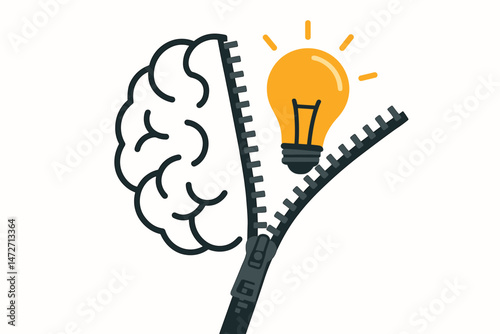 Unzipping the brain reveals a bright lightbulb idea, concept illustration for creativity, innovation, problem solving, inspiration, brainstorming, unlocking potential, and new thinking.