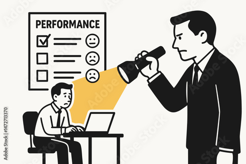 Intense performance evaluation vector concept illustration showing boss shining flashlight on nervous employee at laptop, symbolizing workplace scrutiny, pressure, and assessment.