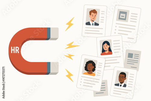 Vector illustration of an HR magnet attracting diverse candidate resumes, representing successful talent acquisition, recruitment strategies, inclusive hiring, and building a diverse workforce.