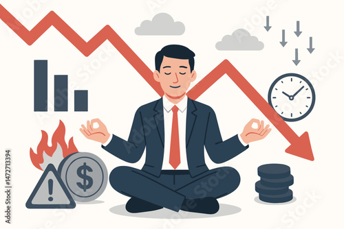 Finding calm in chaos: Businessman practicing yoga meditation for stress relief during economic recession, market crash, or investment risk. Financial stability concept vector.