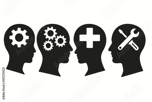 Mind Function Icons Set: Black Head Silhouettes Featuring Gears for Intellect, Plus Sign for Mental Health, and Wrench/Screwdriver for Problem-Solving Skills Vector Graphic