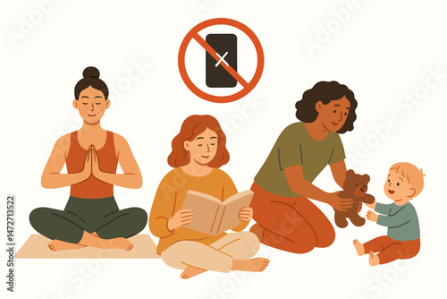 Promoting digital detox and mental wellness through offline activities vector illustration set featuring yoga, reading, and parent-child play, emphasizing disconnecting from phones.