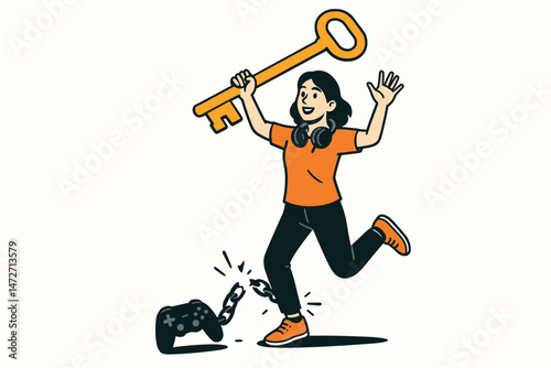 Joyful woman with headphones breaks free from game controller chain, holding a symbolic golden key representing overcoming gaming addiction and finding liberation, flat vector art.