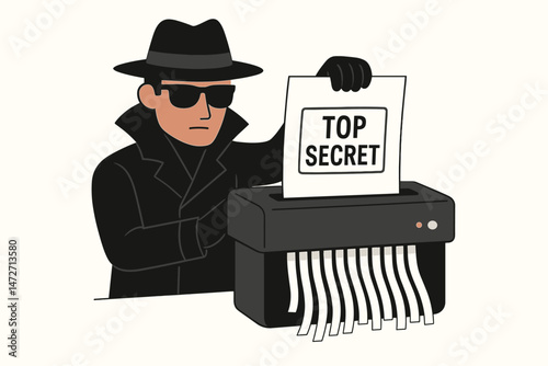 Covert operative wearing sunglasses and hat destroys sensitive top secret files in a paper shredder machine, conceptual vector art for secrecy and confidentiality concepts illustration.