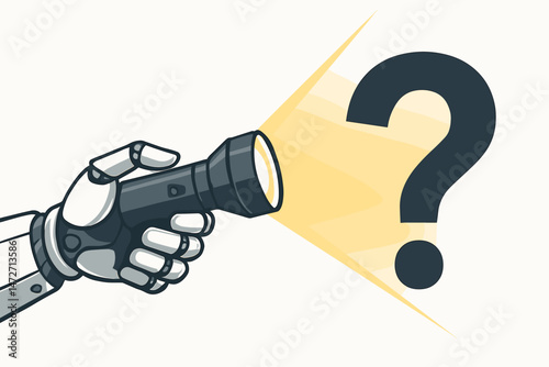 Robot hand with flashlight illuminates question mark, seeking answers and solutions with technology, AI problem solving, investigation and discovery vector illustration concept.