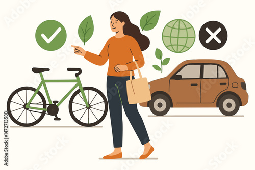 Eco-conscious woman choosing a bicycle for green transport. Vector concept comparing sustainable bike commuting versus car pollution for environmental awareness and lifestyle decision.