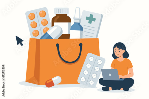 Vector illustration of woman ordering medicine online using laptop next to giant shopping bag filled with pills, capsules, bottles, prescription drugs. Digital pharmacy, healthcare e-commerce concept.