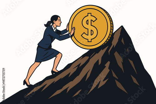 Determined businesswoman pushes a giant gold dollar coin up a steep mountain, vector graphic metaphor for financial struggle, effort, perseverance, ambition, and achieving success.