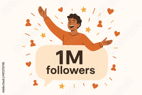 Cheerful male influencer pops out of speech bubble celebrating 1M followers milestone achievement. Flat vector graphic for social media success, subscriber growth, and online community goals.