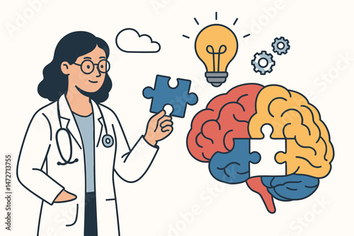 Female doctor assembling brain puzzle vector illustration, concept for mental health, neurology, problem-solving, innovation, medical research, psychology, finding solutions for cognitive function.