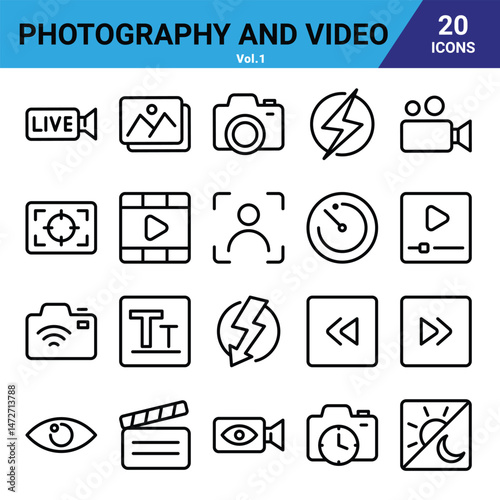 Photography and Video icons that are suitable for any project. And change your next projects with minimalist icon design, perfect for websites, mobile apps, books, social media, flyers, 