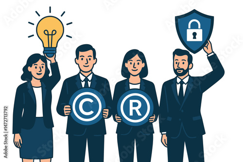 Professional team showcasing intellectual property concepts. People hold copyright C, registered R symbols, an innovation lightbulb, and a data security shield for IP protection vector.