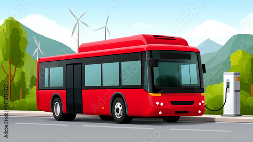 Red electric bus charging at station with wind turbines and green hills