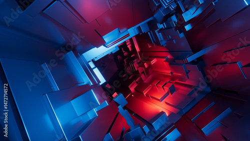 3D rendering. Abstract futuristic geometric background. Volumetric blocks illuminated with blue and red neon light