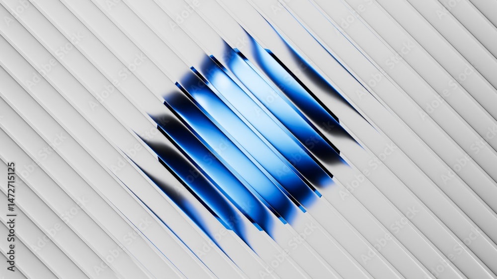 Ribbed glass effect. 3d rendered design featuring a sphere shape with blue and black gradient, set behind a white matt blinds Ribbed glass effect. 3d rendered design featuring a sphere shape with blue and black gradient, set behind a white matt blinds