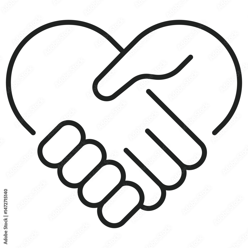 Fototapeta premium Two simple hands meet and shake inside of a heart shape, creating a feeling of love and cooperation in editable outline stroke.