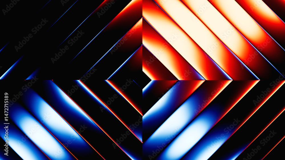 Obraz premium 3d render. Abstract neon geometric background. Metallic rhombus shape with blue red gradient. Ribbed glass wallpaper
