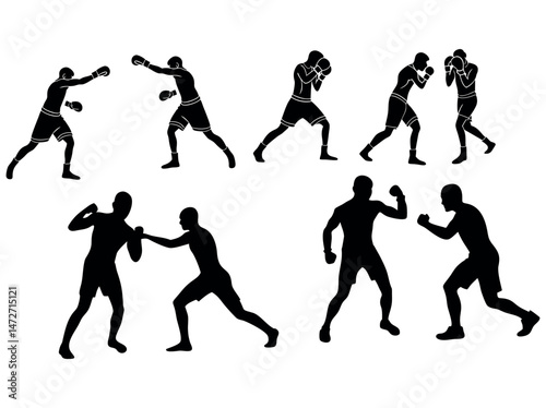Boxing Martial Arts Silhouette Designs for Graphic Design, Boxing Silhouettes of Athletes in Action, boxing, martial arts, silhouettes, design, graphic design, sports, action, combat, fighting, punch,