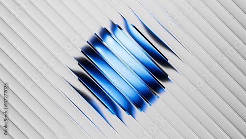 Ribbed glass effect. 3d rendered design featuring a sphere shape with blue and black gradient, set behind a white matt blinds