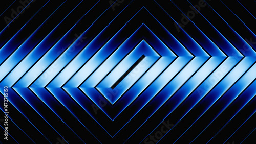 3d render. Abstract minimalist geometric background. Metallic texture illuminated with blue neon light. Ribbed glass wallpaper