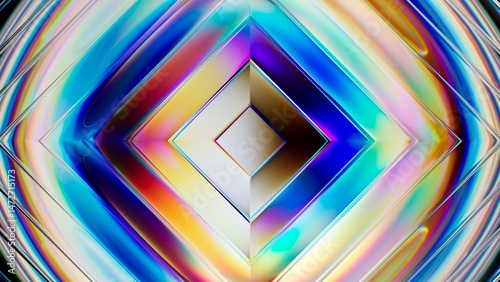 3d rendering of dispersion effect. Abstract geometric background. A vibrant design featuring diamond shapes with a spectrum of colors including blue, purple, pink and gold