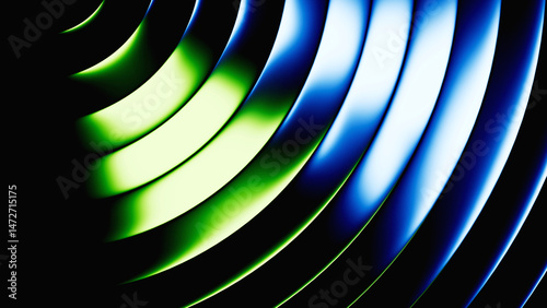 3d rendering. Abstract geometric background. Polished chrome texture with blue green gradient. Ribbed glass illuminated with neon light
